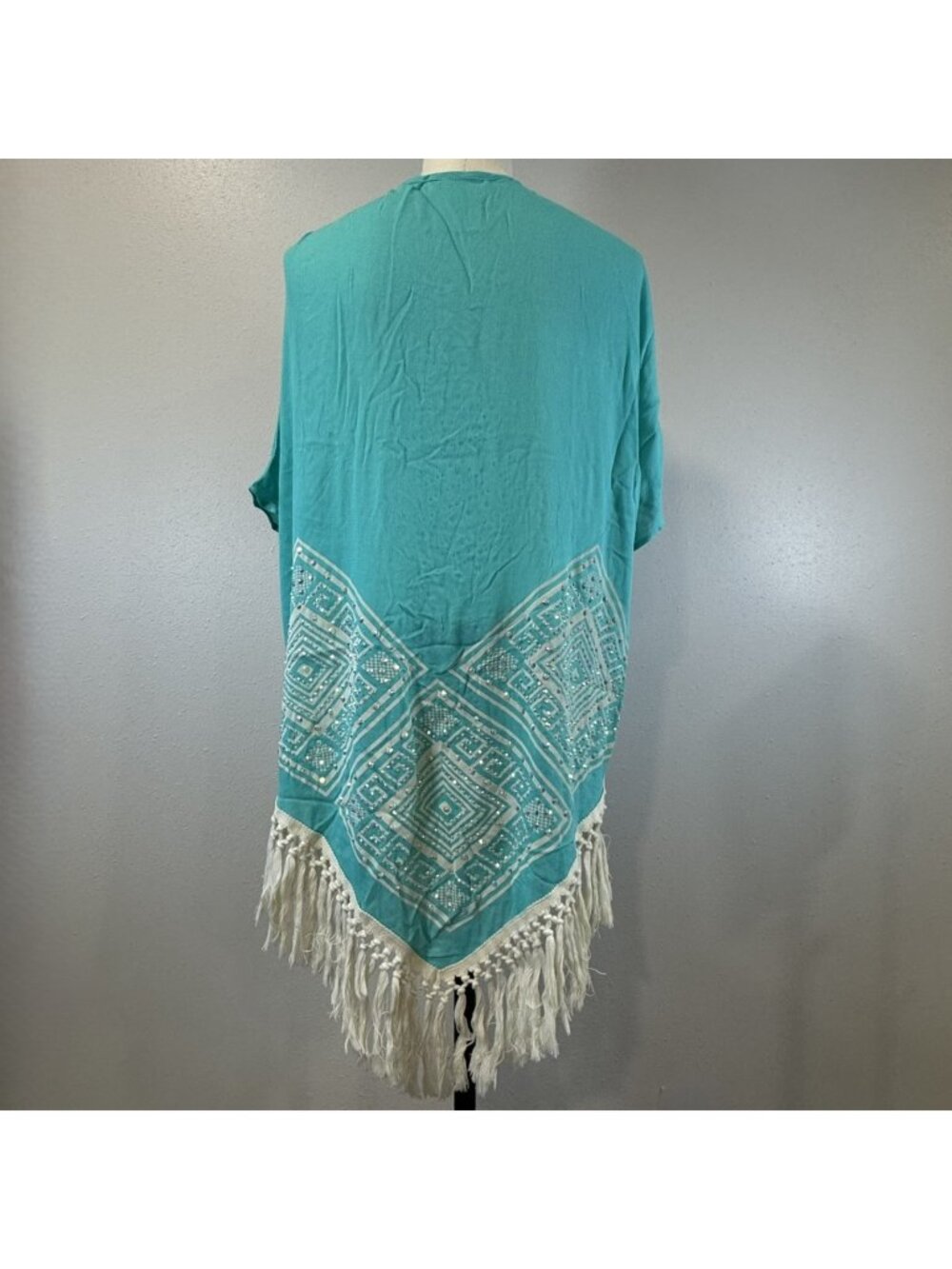 Vocal Cover Up Womens Sz M Teal Geometric Fringe Rhinestones Beach Tunic Resort